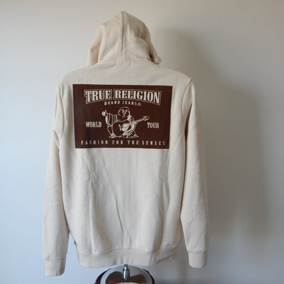 True Religion Men’s Solid SRS Full Zip Fleece Hoodie Jacket Light Beige LRG NWT - Picture 2 of 9